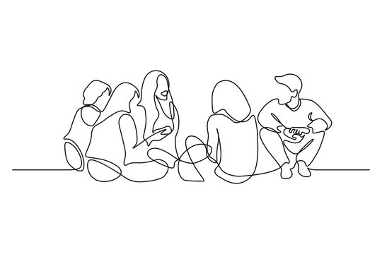 Group of young people sitting on ground together and talking. Friends rest and communicate. Continuous line art drawing style. Minimalist black linear sketch on white background. Vector illustration