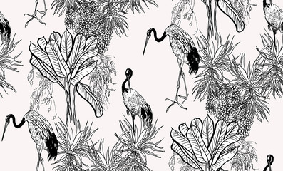 Fototapety   Seamless Pattern Japanese Crane Birds in Trees and Bushes, Black and White Outline Drawing Oriental Design, Monochrome Exotic Plants and Birds 