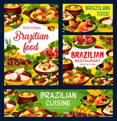Brazilian cuisine food menu, Brazil restaurant vector meat, fish meal dishes. Brazilian traditional churrasco meat, bacalhau fish, feijoada bean stew, shrimp moqueca and corn soup