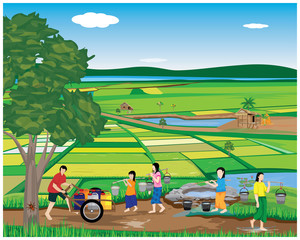Fototapeta premium lifestyle of people at countryside vector design,harvest water from pond 