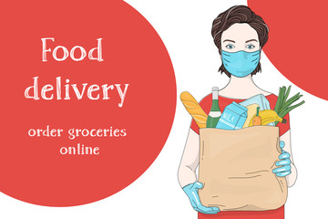 Advertising poster with a woman in a mask and gloves carrying a paper bag from a supermarket with food. Safe food delivery.