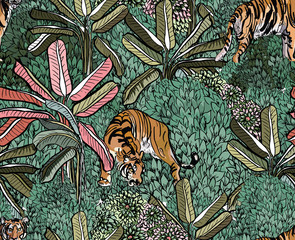 Tigers in Pink Palms Trees, Green Forest Tropics Wild Animals Hand Drawn Textile design, Outline Colorful Drawing Jungle