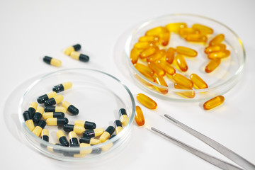 Various medical pills. Vitamins, hemeopathy and bioactive additive against drugs.