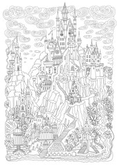 Fototapeta na wymiar Fantasy landscape. Fairy tale castle on a hill. Forest mounting, palm tree, garden, river, waterfall. Flying thunder cloud. T-shirt print. Album cover.Coloring book page for adults. Black and White