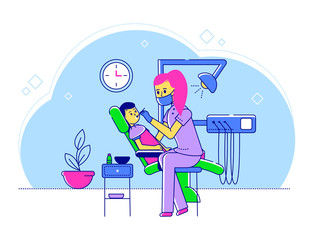Line doctor pediatrician vector illustration. Cartoon flat dentist woman character examining child, treating kid patient tooth in hospital room interior. Medical clinic healthcare isolated on white