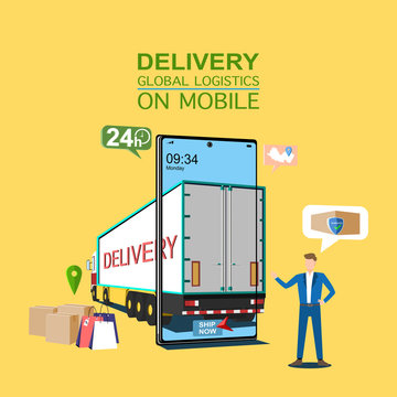 People stand near delivery truck. delivery global logistics online concept. Delivery home and office. City logistics. Delivery man, warehouse, truck, on mobile. vector illustration