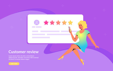 Customer review and user testimonials fulfilled form. Flat smiling woman using smartphone to leave comment and rate a service or goods. Customer feedback and rating 5 stars blank on purple background