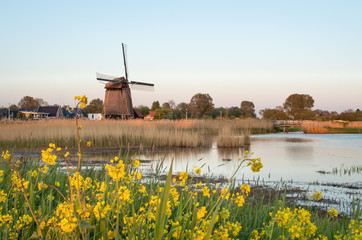 Holenderskie wiatraki nad kanałem wodnym, zachód słońca w Holandii Północnej - obrazy, fototapety, plakaty