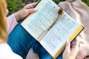 Soft photo of a young girl, blonde, reading a book, top view. Sitting in the spring garden on a light blanket, in everyday clothes. Spring. Day.