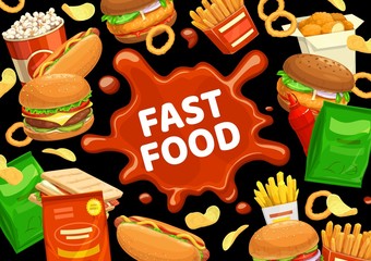 Fast food burgers menu, hamburgers, snacks and drinks, vector sandwiches. Fastfood meals cheeseburger, hot dog sausage and chicken nuggets, potato fries, popcorn and onion rings on ketchup splash