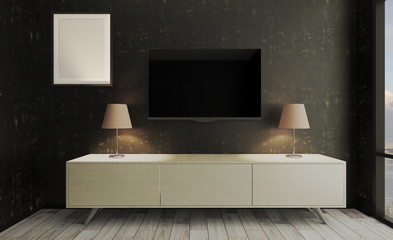 Interior of a living room with a large window. TV weighs on the wall. Chairs on the parquet floor. Mockup.   Empty paintings. 3D rendering