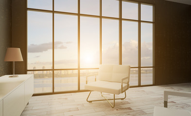 Interior of a living room with a large window. TV weighs on the wall. Chairs on the parquet floor. Sunset. 3D rendering