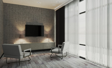 The interior of the living room in a minimalist style. Black curtain with tulle on a large window. comfortable chairs for watching TV. 3D rendering