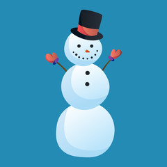 Snowman raising hands with top hat isolated on white background. Winter theme. Vector character illustration