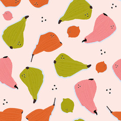 Colorful hand-drawn lemons and pears in vector seamless pattern. Contemporary bright summer background with trendy colors