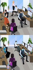 Vector illustration of workplace in the open office of the corporation after quarantine