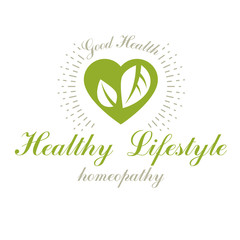 Vector heart shape composed with green leaves. Restoring to health conceptual logo for use in medical treatment organizations.