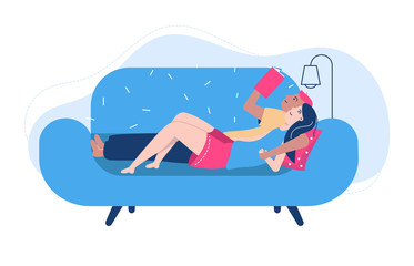 People poses for reading vector illustration. Cartoon flat woman man couple characters lying on sofa, spending time together with interesting book. Love to literature, home activity isolated on white