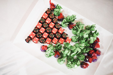 catering services in restaurant outdoor on wedding ceremony. Food and glass of champagne. restaurant