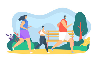People runners jogging vector illustration. Cartoon flat father, mother and daughter child characters take part in marathon. Family outdoor summer sport activity, happy parenthood isolated on white