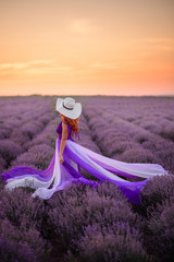 Young redhead woman in luxurious purple dress standing in lavender field, rear view