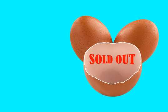 Sold red inscription on the egg. Concept of sale, shortage during. Banner, copy space. Stockpiling crisis all around the world. - Powered by Adobe