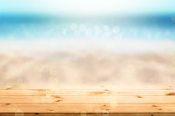 wood floor with blurred seaview Summer background