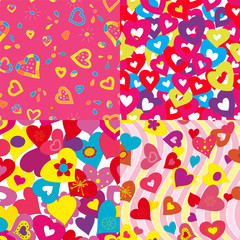 Set of seamless backgrounds with bright hearts.
