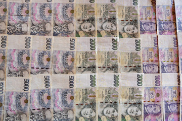 Czech koruna banknotes background. CZK pattern. 5000 CZK 2000CZK 1000CZK