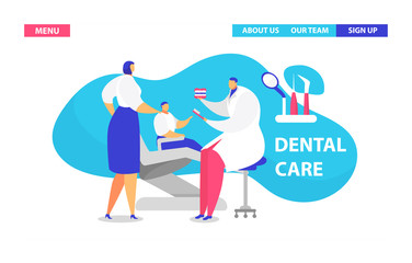 Visit dentist vector illustration. Cartoon flat landing page design template for medical clinic stomatology, man doctor character examining child with mother, advising tooth care webpage interface