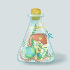 Digital illustration.  Travel in a bottle.  Suitcase, globe, map.