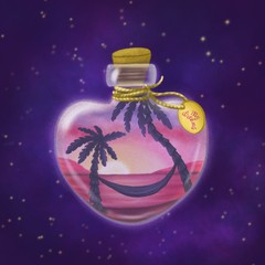Digital illustration. Sunset at sea. Illustration in a glass bottle in the shape of a heart.