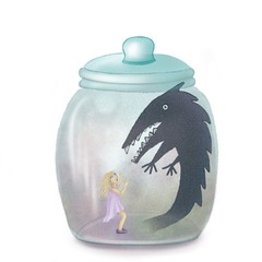 Digital illustration. Girl and shadow monster. Fears in a glass bottle.