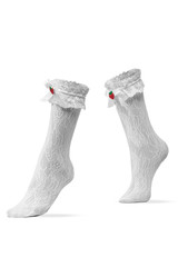 Subject shot of white lace socks with wide ruffles and silk bows with fabric strawberries on the rims. The photo is made on the white background.
