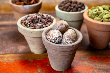 Indian spices collection, dried whole nutmeg and another spices in clay bowls