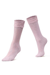 Subject shot of pale pink lacy knee socks with wide ruffles on the rims. The photo is made on the white background.  
