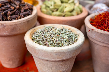 Indian spices collection, dried colorful condiment, nuts, pods and seeds and another spices in clay bowls