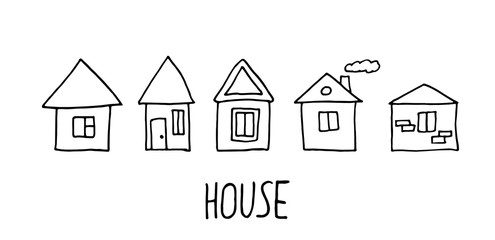 Hand drawn doodle house. Black stroke. house with chimney and smoke, bricks.
