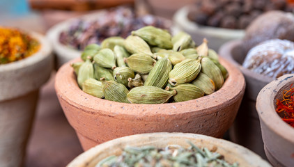 Indian spices collection, dried green cardamom pods and another spices in clay bowls