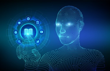 E-learning. Innovative online education and internet technology concept. Webinar, teaching, training courses. Skill development. Wireframed cyborg hand touching digital interface. Vector illustration.