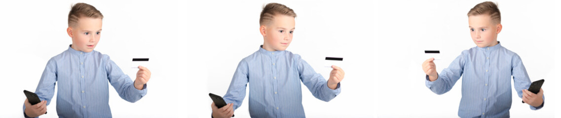 Collage of three same surprised cheerful caucasian young schoolboy holds Cell Phone and looking to credit card on isolated white studio background.