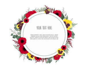 Round frame card design for greeting or invitation with realistic yellow and red flowers