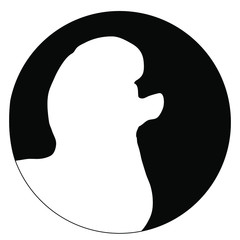 Dog breed head vector white silhouette in black round. Dog breed black icons isolated. White dog inside blackround