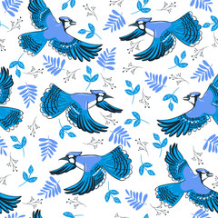 Seamless pattern with blue jays in flight. Vector graphics.