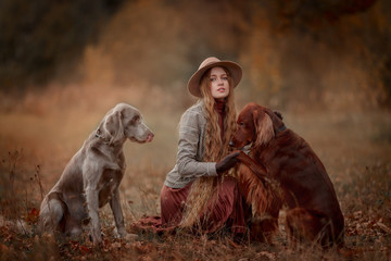 Beautiful long-haired blonde young woman in English style with Irish setter and Weimaraner dogs in...