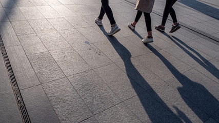 Fototapeta na wymiar Legs of young women walking on the sidewalk and casting long shadows