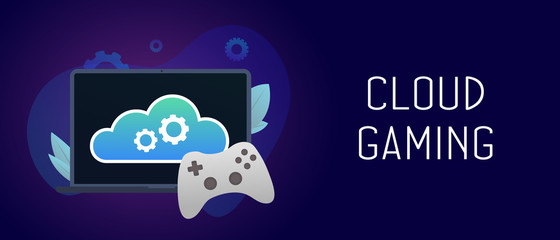 Cloud gaming concept. Online video gaming on demand that runs games on remote servers and streams them directly to a user device, remotely from a cloud. Header and footer isometric vector banner 