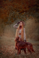 Beautiful long-haired blonde young woman in English style with Irish setter and Weimaraner dogs in...