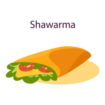 Shawarma street food concept. Delicious roll with meat, salad and