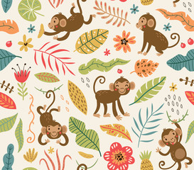 Cute and funny monkeys. seamless pattern